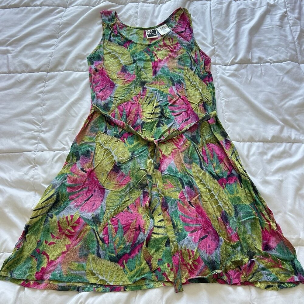 Vintage‎ 90s Tropical Floral Green Pink Belted Sleeveless Sundress Womens Small